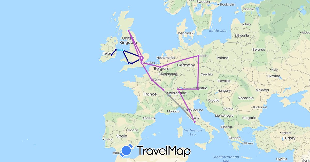 TravelMap itinerary: driving, plane, train, boat in Austria, Belgium, Switzerland, Germany, France, United Kingdom, Ireland, Italy (Europe)